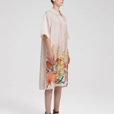 Floral Print Silk Short Sleeve Shirt Dress - Floral print - XL