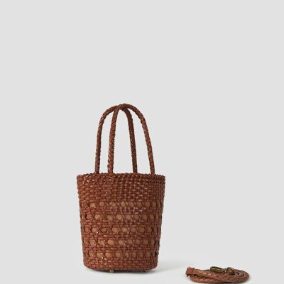 Hand-Braided Leather Basket-Bucket - Caramel