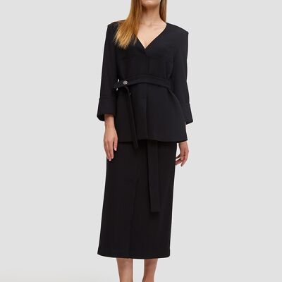 V Neck Belted Wool Coat - Black - XL