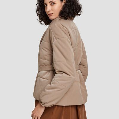 Belted Cotton Padded Jacket - Khaki - XL