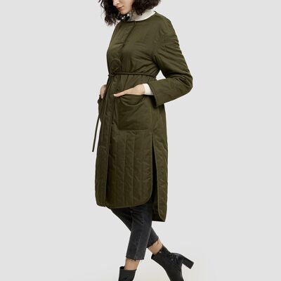 Round Neck Quilted Coat - Moss - S