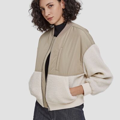 Fleece Patched Varsity Jacket - Khaki & beige - M