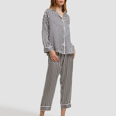 Striped Cozy Silk Pajama Set - Black/white - M