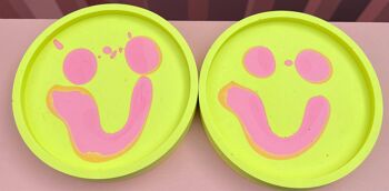 Dessous de Verre - Rond (2 pièces) - Smiley Jaune Fluo & Rose 1