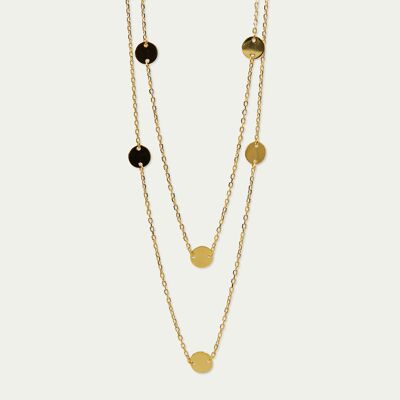 Long coin plate necklace, yellow gold plated