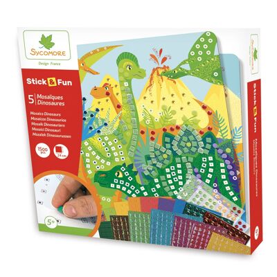 Sycomore - Stick & Fun - Mosaïques autocollantes pour enfants - 5 tableaux Dinosaures - Loisir créatif - Dès 5 ans