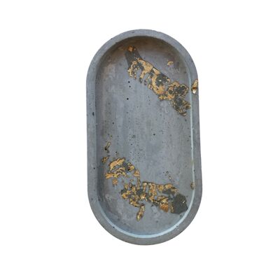 Dekoratives ovales Tablett aus Blattgold - Grauer Beton und Blattgold