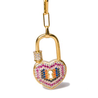 Chain with multicolored heart locker pendant.