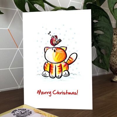 Cartolina d'auguri di Natale con gatto e pettirosso