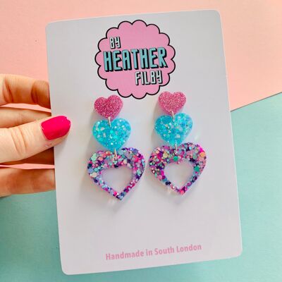 Blue + Lilac Triple Heart Glitter Earrings , sku63