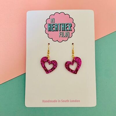 Hot Pink Glitter Heart Earrings , sku230