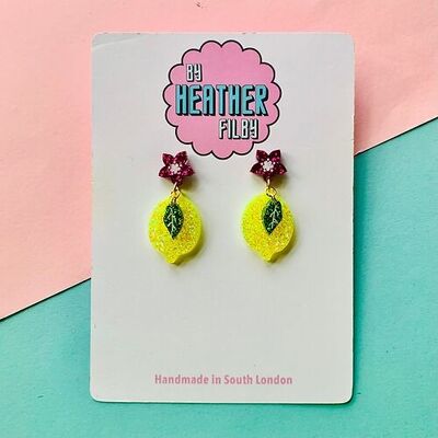 Yellow Glitter Lemon Earrings