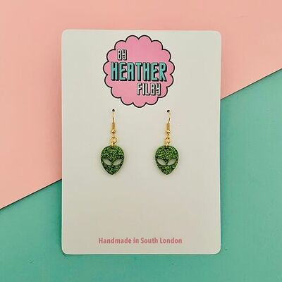Green Glitter Alien Earrings