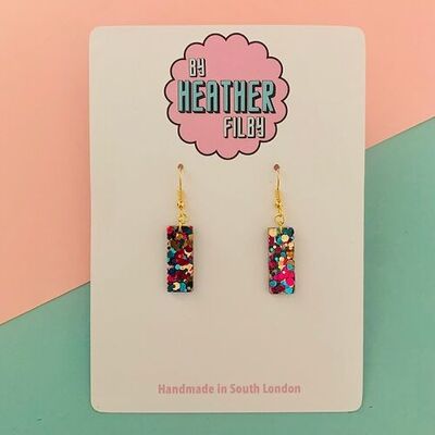 Teal, Magenta and Gold Glitter Rectangle Earrings