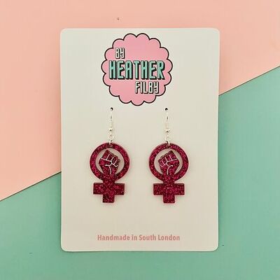 Hot Pink Feminist Glitter Earrings