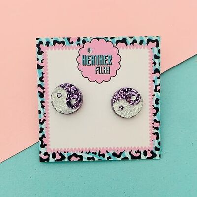 Purple Glitter Yin Yang Stud Earrings , sku528
