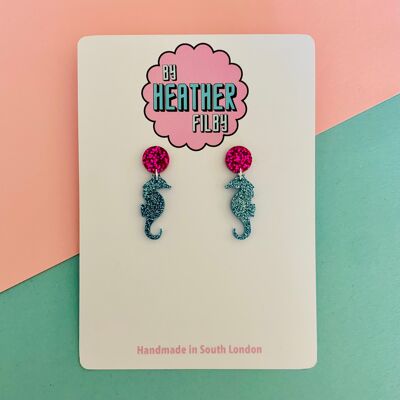 Pendientes de caballito de mar con purpurina azul y rosa fuerte, sku612