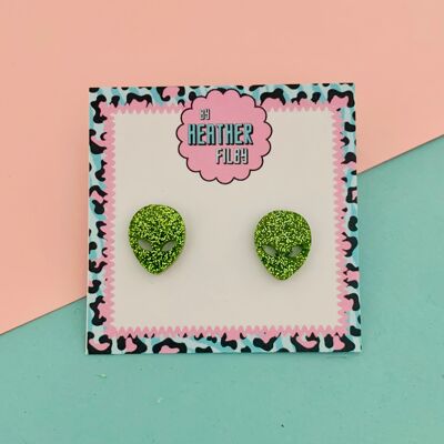 Green Glitter Alien Stud Earrings , sku689