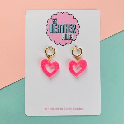 Neon Pink Glitter Heart Huggie Hoop Earrings , sku797