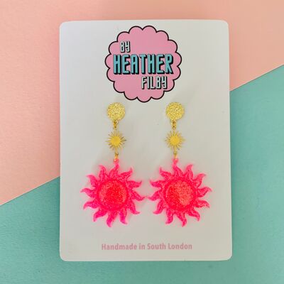 Neon Pink Glitter Sun Earrings , sku799