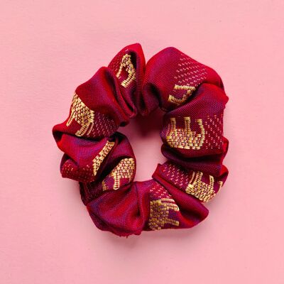 OG Scrunchie in Pink and Gold Embroidered Silk with Elephant Print , sku811
