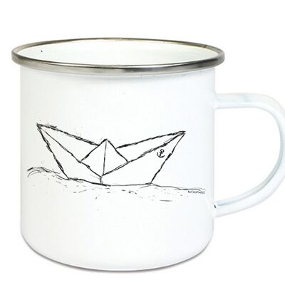 Enamel mug cup with paper ship