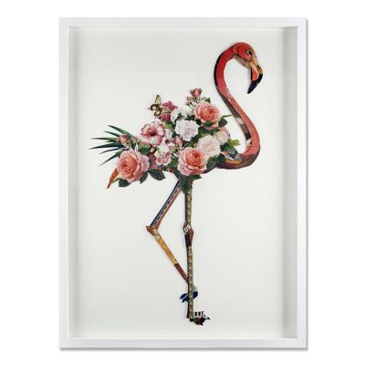 ADM - 3D collage picture 'Flamingo with flowers' - Multicolored - 100 x 75 x 4 cm