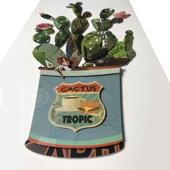 ADM - Tableau collage 3D 'Cactus dans un vase' - Multicolore - 50 x 30 x 3 cm 3