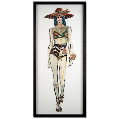 ADM - 3D collage painting 'Model with hat' - Multicolored - 90 x 40 x 3 cm