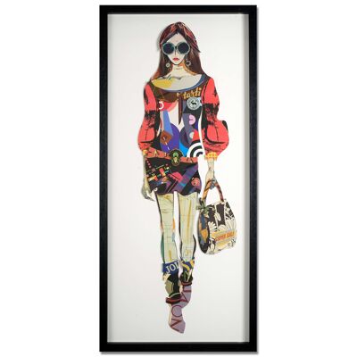 ADM - 3D collage painting 'Model with handbag' - Multicolored - 90 x 40 x 3 cm