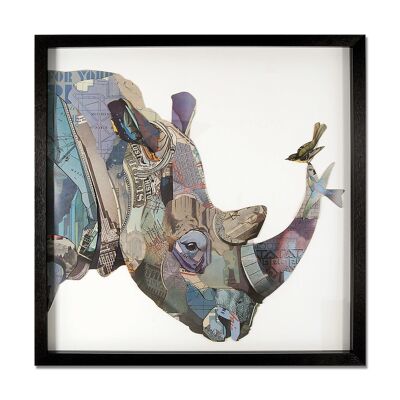 ADM - Quadro collage 3D 'Rinoceronte con uccellini' - Colore Multicolore - 70 x 70 x 4 cm