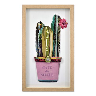 ADM - 3D collage painting 'Cactus in a vase' - Multicolored - 50 x 30 x 3 cm