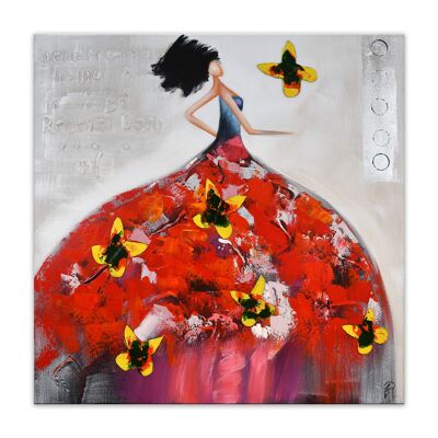 ADM - Painting 'Woman with butterflies' - Red color - 100 x 100 x 3.5 cm