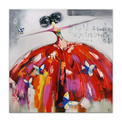 ADM - Cuadro 'Mujer con mariposas' - Color Rojo2 - 100 x 100 x 3,5 cm