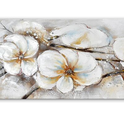 ADM - 'White Flowers' painting - Orange color - 50 x 150 x 3.5 cm