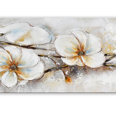 ADM - Tableau 'Fleurs Blanches' - Couleur Orange - 50 x 150 x 3,5 cm