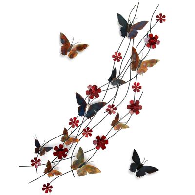 ADM - Metal painting 'Flowers and butterflies' - Multicolored - 45 x 139 x 6 cm