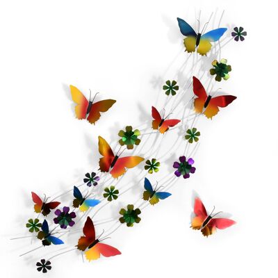 ADM - Metal painting 'Flowers and butterflies' - Multicolored - 45 x 135 x 6 cm