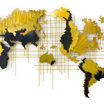 ADM - Metal Frame 'World Map Gold and Black' - Gold Color - 86 x 146 x 7 cm