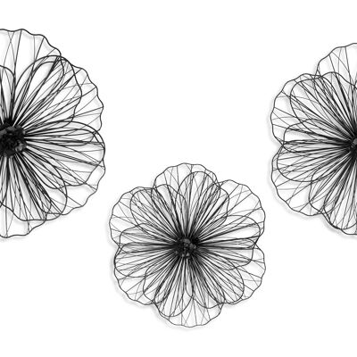 ADM - Metal painting 'Perforated flowers' - Black color - (39 x 39 x 10) + (49 x 49 x 10) + (59 x 59 x 10) cm