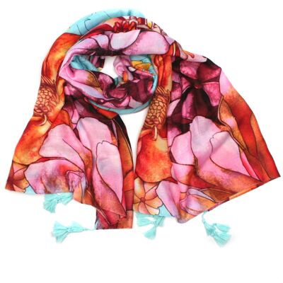 Large Bold Flowers Scarf with Tassels(90x180)- Blue