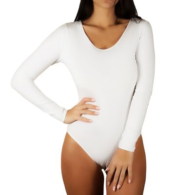 Damen-Body mit langen Ärmeln aus Stretch-Baumwolle E-1511 - Weiß