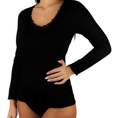 Chemise Femme Manches Longues Laine Coton avec Broderie E-4320 - Noir