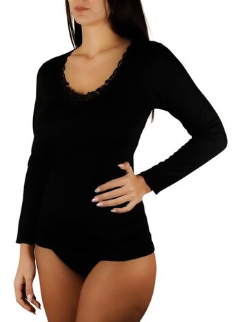 Chemise Femme Manches Longues Laine Coton avec Broderie E-4320 - Noir 1