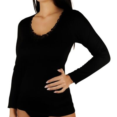 Long Sleeve Woman Shirt Wool Cotton with Embroidery E-4320 - Black