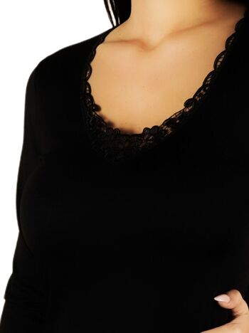 Chemise Femme Manches Longues Laine Coton avec Broderie E-4320 - Noir 3
