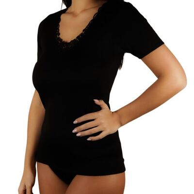 Woman's Camisole Half Sleeve Wool Cotton with Embroidery E-4220 - Black