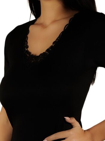 Caraco Femme Demi Manches Laine Coton avec Broderie E-4220 - Noir 3