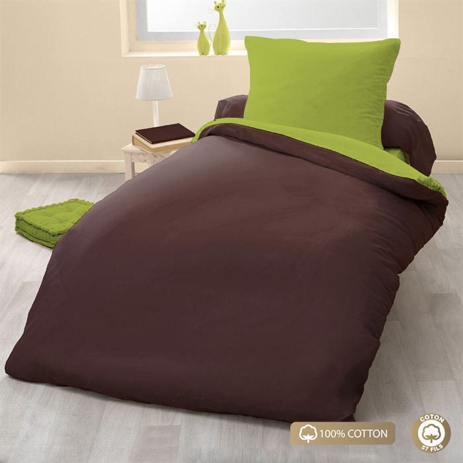 DUVET SET 100% COTTON 2PCS 135X200 CHOCO/GREEN