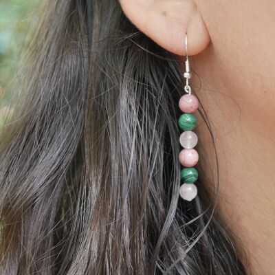 Orecchini pendenti "Triple Protection" in Malachite, Quarzo Rosa e Rodocrosite